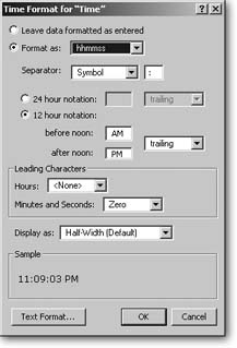 To have FileMaker show your time values exactly the way you type them, choose “Leave data formatted as entered.” If you want to standardize the display of time values, choose “Format as” instead, and then pick your options. Unsurprisingly, the Sample area shows you a sample time formatted according to your specifications.