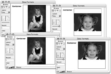 When FileMaker reduces or enlarges a picture whose aspect ratio doesn’t match the field, there’s space left over. The top-left window has a tall picture reduced and aligned in the center. Below it, you see the same picture aligned to the left. The top-right window has a wide picture center-aligned. Below this one, the same picture has been top-aligned. In every case, the picture stays the same size, but moves within the field.