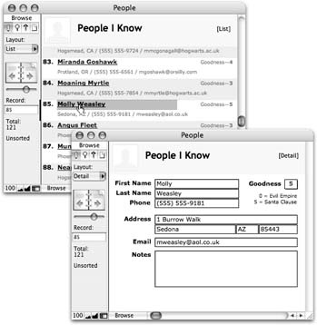 Your list layout (in Browse mode) should look something like the top window. When you point to a name, your mouse arrow changes to the little hand icon, and when you click, the name highlights. After the button is released, you see the detail layout for the correct person, as shown in the bottom window.