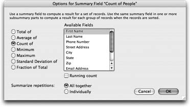 The Options for Summary Field dialog box appears when you make a new summary field. Unlike the field types you’ve used so far, a summary field has options that must be set for it to be usable, so FileMaker shows you those options right away. This window also shows up if, in the Define Database window, you select a Summary field and click Options.