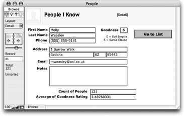 Showing your new summary fields on the detail layout isn’t terribly exciting. You don’t need a field to tell you how many records you have (the status area does this job just fine). Next you see the average goodness rating of all people in the database, which is only mildly interesting. For the real power, see “Sub- Summary Reporting” on Section 6.9.4.7.