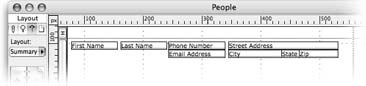 The fields on your new layout should be arranged something like this. You’ll add titles, page numbers, decorations, and so forth shortly. You also need to resize the parts and work your new summary fields in there somewhere.