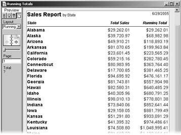 This report shows summary fields in action. The Total Sales field uses the “Total of” option to add up sales numbers. The Running Total field is the same, but it has the “Running total” box turned on. As you can see, one shows totals for each individual state, while the other has a continually growing number. FileMaker adds each state’s totals to the previous total to arrive at the new number.