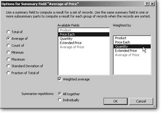 When you turn on the “Weighted average” checkbox, FileMaker adds a second field list—Weighted by—to the window, where you can pick another number field. FileMaker averages the data in the first field, and weights each record’s input by the second field. If you’re not a statistician, see the explanation on the previous page.