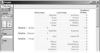 When you turn on the “Running count” and “Restart summary for each sorted group” options for a “Count of” summary field, you get a nifty report that counts up each group individually. This report was sorted by the City field, so the people records are grouped according to city.