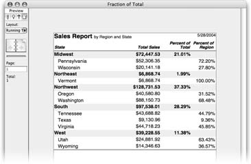 This report shows sales figures by region as well as by state. The Total Sales column shows the total sales in each region or state. Percent of Total shows each region’s contribution to the total sales using the Fraction of Total summary type. The Percent of Region also uses Fraction of Total, with Subtotaled turned on and the Region field selected. Set up this way, it reports each state’s contribution to the total sales for the region, rather than the grand total.