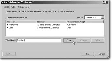 The Define Databases window’s Tables tab lists all the tables defined in your database. It works a lot like the Fields tab: To add a table, type its name in the Table Name box, and then click Create. If you want to change a table’s name, select it in the table list first, then type the new name, and click Change. To delete a table, select it in the list and click Delete.