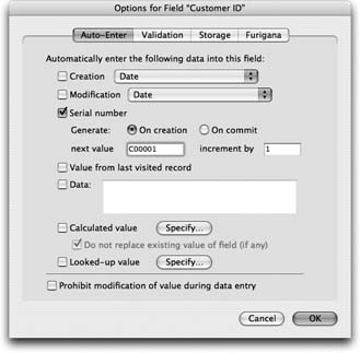 Here’s the Field Options window’s Auto-Enter tab, in case you’ve forgotten what it looks like. Pretty slick, huh? In the next few steps, you’ll be setting up those “Serial number” options.