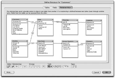 Here’s how your Relationship Graph looks with all the relationships defined on Section 7.2.4. These relationships work OK, but the graph is now a little hard to read. First, there’s no logical order to the tables. Even worse, there are lines running under table occurrences (the line connecting Timeslips and Jobs, for instance). You can do a little manual rearranging and fix this up;