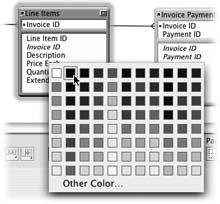 When you click the Color tool, FileMaker shows a menu of color choices, just like you see in Layout mode. Pick a color and all the selected table occurrences change to match it.