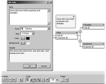 It looks like a lowly text tool, but the Notes tool lets you place floating notes anywhere on your graph. You can make detailed notes about individual tables, or make notes as wide as the graph, with nothing more in them than a headline describing what kind of data is in the table occurrences directly underneath.