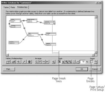 Before you print, you want to see how the graph will fit on the page. First, click the Page Breaks button to show pagebreak lines on the graph. (If you can’t see all your table occurences clearly, zoom out as necessary.) To change paper orientation or size, click the Print Setup (Page Setup) button.