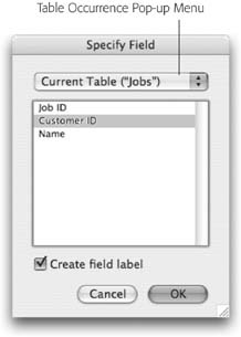 The Specify Field window has always had a Table Occurrence pop-up menu; you’ve just been told to ignore it until now. This menu shows a list of all the table occurrences on the graph. FileMaker is smart enough to know which ones are related from the current layout’s perspective. It breaks the list into two groups: related tables and unrelated tables. Right now you don’t have any unrelated tables because the entire graph is connected in one group.