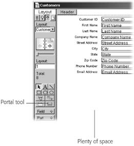 The Portal tool is the only Layout mode tool you’ve never used. It works like the Shape and Button tools. Select it first, and then drag a rectangle on the layout. FileMaker creates a new portal inside that rectangle. You can also use this picture as a guide to show how much extra space you should make for your portal to live in.