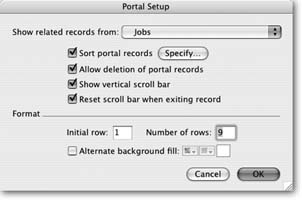 In the Portal Setup dialog box, you can choose which table you want to show records from and how those records should be sorted. You can also decide which related records to show and adjust the look of the portal. See the box on Section 7.4.4.2 for details on all these options.