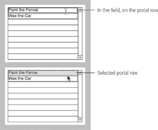 When you click a portal row, one of two things happens. If you click onto an enterable field, you’ll go right into that field. You would say you’re on the first portal row, and in the Jobs::Name field. If you click in a portal row somewhere other than on a field, you select the portal row instead—the entire row highlights. You’re still on the first portal row, but you’re not in any field this time.