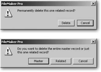 Top: If you select a portal row, the Delete Record command deletes the related record.Bottom: If you’re in a field on the portal row when you choose the command, you get this message instead. This time you get to pick which record is deleted. Click Master to delete the Customer record, and Related to delete the Job record.