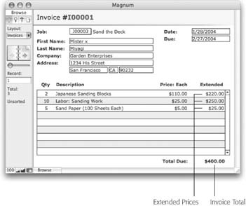 When you fill out an invoice, you have to manually calculate the extended price for each line item by multiplying the quantity times the price. You also have to type in the invoice total. To make your job easier and minimize errors, you can use calculation fields to do both these jobs for you. You can even make the Due field a calculation, so it’s always 30 days after the invoice date.