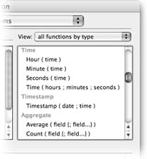 When you choose to see “all function by type” in the function list, FileMaker groups the functions by their type, and sorts them by name in each group. The type itself is shown in bold above each group. This method is the easiest way to explore the list of functions when you’re not quite sure what you’re looking for.