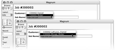 The background window shows how the pop-up menu looked before the calculation field. In the front, you can see how it looks now. People often use calculations to combine multiple field values like this for display purposes.