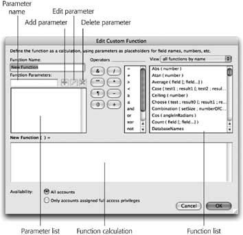 The Edit Custom Fuction window is where you actually define the function. It looks a lot like the Specify Calculation dialog box you’ve seen so much of lately. But instead of fields, it has a list of Function Parameters (it’s empty right now). Aside from this distinction, it also works a lot like the Specify Calculation dialog box.