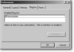 The Plug-ins tab in FileMaker’s Preferences dialog box shows you all the plug-ins you’ve installed. Disable a plug-in by deselecting the checkbox by its name. If a plug-in requires any configuration, select it in the list and click Configure. When you have a plug-in selected, you see a description of it below the list.