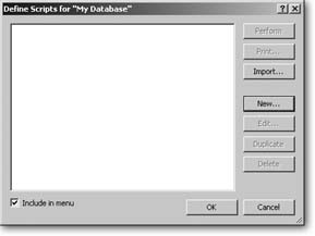 The Define Scripts window is more affectionately known as ScriptMaker and is accessed via the Scripts → ScriptMaker menu command. The window itself is dominated by an empty white space. As you add scripts, they’re listed here. You use the buttons along the right edge to create, edit, run, and delete scripts (and a few other things). You’ll learn all about these options in the next section.