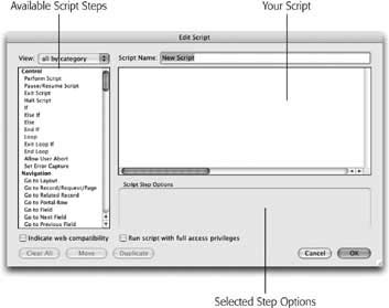 In the Edit Script window, you build your script by choosing steps from the Available Script Steps list and use the Move button to add them to your script. Once they’re there, you can configure them using buttons, checkboxes, and radio buttons that appear in the Script Step Options area (it’s empty now because you don’t have any script steps).