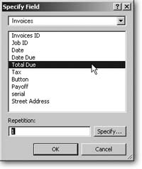 This Specify Field dialog box looks almost exactly like the one you’ve seen in Layout mode. The only difference is the Repetition box at the bottom. If you select a repeating field (Section 3.3.4.2), you can use this box to tell FileMaker exactly which repetition to set.