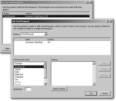 The Perform Find scripts step gives you only one option—to specify a find request. When you click Edit in the Specify Find Request dialog box, you see the window in the front. To add requests, you can pick which fields to search in, and which tables those fields are in. Problem is…there’s nowhere to tell FileMaker what kind of records to find: Invoices? Customers? Line Items? The answer to that question lies in the layout your script is running on.