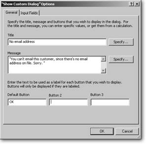 When you choose options for the Show Custom Dialog script step (step 3 on Section 13.4.1), you get a window like this. For example, you can give your dialog box a title, message, and up to three buttons. You can also add input fields to the dialog box by visiting the Input Fields tab. You’ll learn about these on Section 15.2.3.