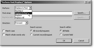 The window behind the Specify button on a Perform Find/Replace script step looks a lot like the normal Find/Replace window. But this version has a new pop-up menu (called Perform) and a couple new Specify buttons that let you specify calculated values for what you’re looking for and what you want to replace the found results with.