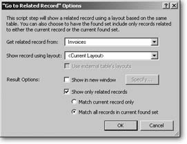 This window’s the same one you saw when you attached a Go to Related Record script step to a button back on Section 6.7.2 → But inside a script you wield a whole new level of power when you tie this command to other processes, like printing a report from a found set that changes based on whichever record a user’s on when running the script.