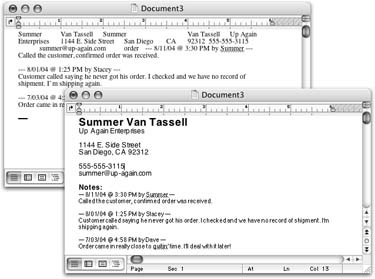 The window in the back shows what it looks like when you copy a customer record, then paste it into a Word document. You see the first and last name twice because technically it appears on the layout twice (once in the header, and again in the editable fields). Although this block of text needs some serious cleanup, it’s often easier to copy/paste it all in one shot than to copy each field value individually. You can see a cleaned-up version in the front most window.