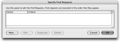 When you add a new find request or edit an existing one, you see this dialog box. It’s just a more structured way to type data in fields in Find mode. Instead of using your layouts, you use this window, which gives you direct access to every field in the database (the Fields List) and makes it easy to see exactly what fields are being used in the Criteria List.