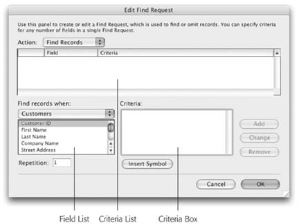 The Specify Find Requests window shows up when you tell FileMaker you want the Perform Find script step to perform a predetermined find. (Developers call this technique hard coding.) Right now the window’s empty because nobody’s added any requests. On your screen, it might not be empty; FileMaker automatically fills it with all the requests you used the last time you were in Find mode. If you have requests, select them all and click Delete.