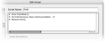 This script builds the find request itself since it needs to use a calculation to determine the proper date to search for. Notice that the second step uses the calculation Get(CurrentDate) - 7 to determine the date one week ago. The Perform Find step has no requests specified, so FileMaker uses the one the script created. This kind of find script, which changes as your data changes, is called a dynamic find.