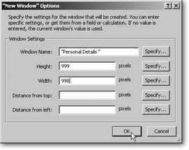 The Window Options dialog box lets your script open and close windows and move them around the screen. You can use it to make family members think they have poltergeists in their PCs, or just make windows behave properly when your scripts run. See the box on Section 14.6.3 for advice.