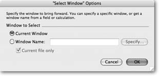 This is the window you see when you click the Specify button with a Select Window script step selected. From here, you can specify the Current Window, or choose Window Name and put the name of the window you want in the box. As usual, you can use a calculation to determine the window name as well.