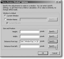 The Move/Resize Window settings look like a combination of the Select Window settings and the New Window settings. First, you pick which window you want to work on (Current Window, or a window selected by name). You then specify the new size and position for the window.