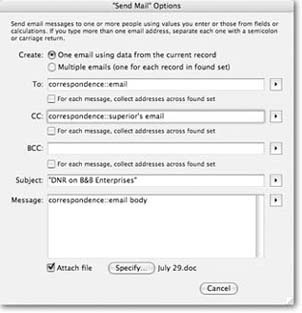 These are the settings for an outgoing email message. You get to tell FileMaker whom to send the message to (using To, CC, and BCC) and what the Subject and Body of the message should be. Finally, you can pick a single file to include as an attachment.