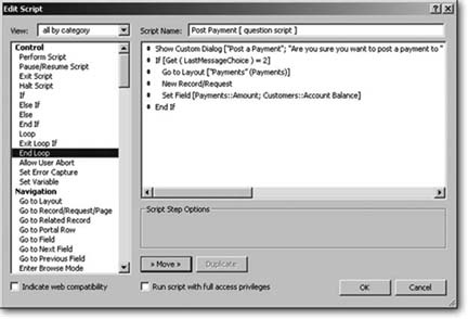 This script uses the Show Custom Dialog script step to ask a question (the same question shown in Figure 15-4). If your user clicks Post, the script creates a new record and sets the Payments::Amount field appropriately. To make this decision, it uses an If step with the condition Get ( LastMessageChoice ) = 2.