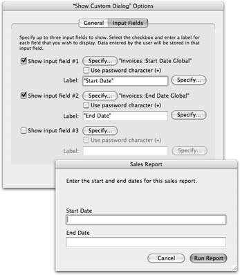 You can have, at most, three fields, each of which corresponds to a real field in your database. The window in the front shows how the dialog box looks when the script runs. When the user types something in one of the fields and then clicks the default button, FileMaker puts the entered value into the real field on the current record. If the user clicks Button 2 or Button 3, on the other hand, FileMaker leaves your record’s fields alone.