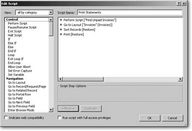 This script needs to find all the unpaid invoices before it can print statements. Luckily, you already have a script that finds unpaid invoices, so the first line in this script is the Perform Script step. That way, FileMaker first runs the Find Unpaid Invoices script, and waits for it to finish. By the time the second step (Go to Layout) runs, the find is finished and the found set includes the correct records.