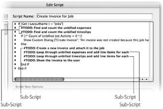 Each marked step (or group of steps) becomes a sub-script in the finished script. The first script finds the unbilled expenses and timeslips; the second creates the new invoice and attaches it to the job; the third loops through all the expenses and adds the necessary line items; the fourth adds line items for all the timeslips. The Create Invoice for Job script performs each of these four subscripts at the right time to pull everything together.