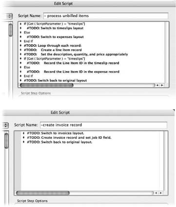 Top: This script does the job of both “- process unbilled timeslips” and “- process unbilled expenses.” It checks the script parameter to decide which type of item to work on, as you can see in the If steps.Bottom: The “-create invoice record” subscript needs to set its context by switching to the invoices layout, where it will create a new record. Then it keeps context straight by switching back to the layout it came from.