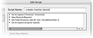 The finished “- create invoice record” script is a simple one: just four steps.