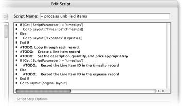 Once you’ve written the first three subscripts, the whole script looks like this. It checks the script parameter and goes to the right layout accordingly. When the script is finished with its real work, it goes back to the original layout as well. Now you need to deal with the real meat of the script: looping and creating line items.