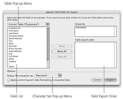 When FileMaker exports the data, it includes each field in this list in the export file. The order of the fields in this list determines their order in the export file, and you can change it by dragging field up or down in the list. To add every field in the field list to the field export order list, click Move All. Likewise, to remove all fields from the export order, click Clear All.