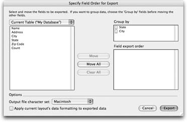 When your data is sorted, FileMaker shows the sort fields in the “Group by” list. By turning on one or more of these checkboxes, you tell FileMaker you want to group the data in the export file